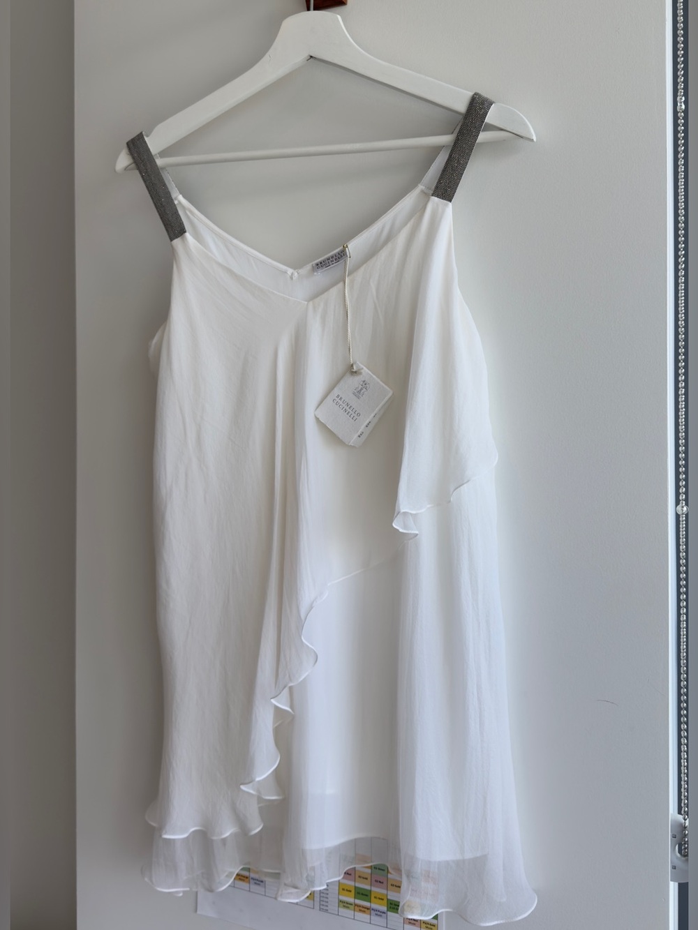 NWT Brunello Cucinelli White Silk Asymmetrical Ruffle Top